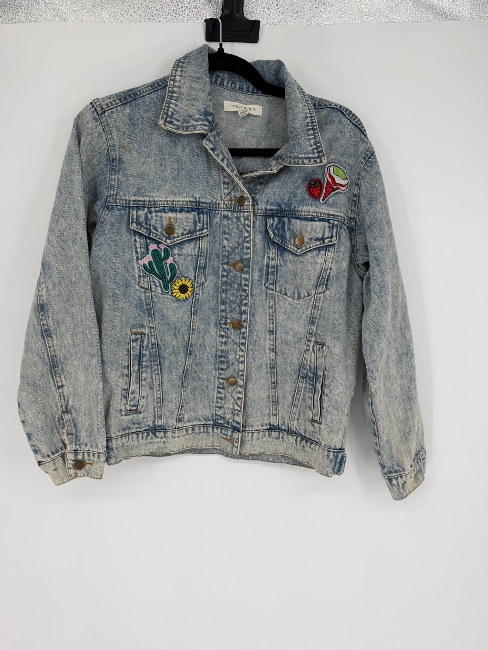 Light Wash Denim Jacket with Colorful Patch Details by Honey Punch size Small